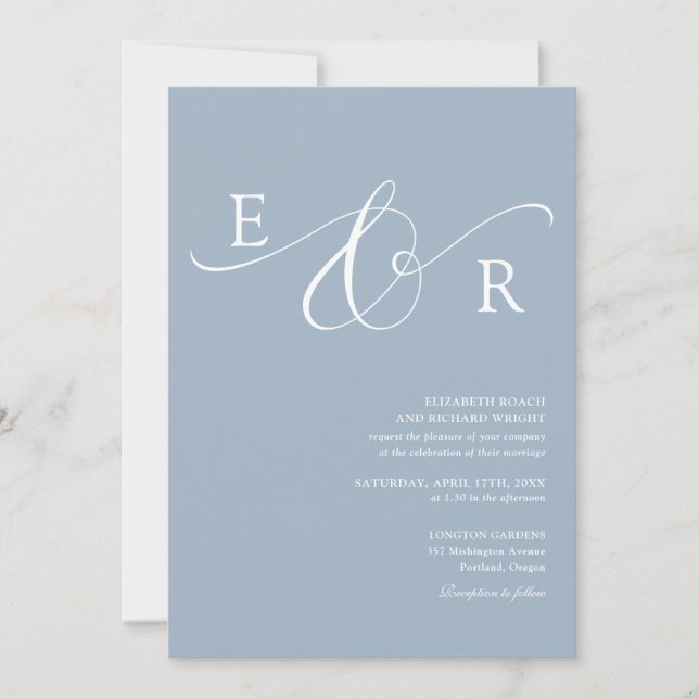 Convites Casamento Moderno Elegante com Monograma em Azul P (Frente)