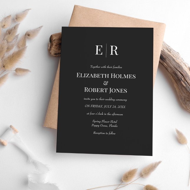 Convites Casamento Moderno Elegante com Monograma Preto (Modern Elegant Black Monogram Wedding Invitation surrounded with neutral boho decoration.)