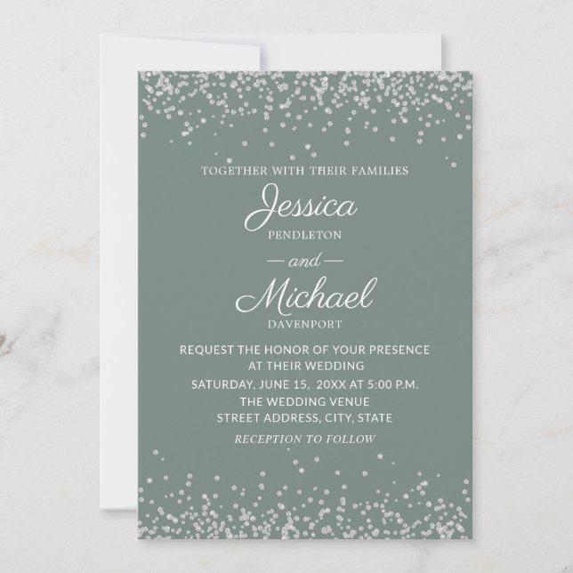 Convites Casamento Moderno Elegante com Sage e Brilho Prate (Frente)