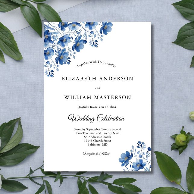 Convites Casamento Moderno Elegante de Aquarelas Azuis (Blue Watercolor Wildflowers Floral Elegant Formal Wedding Invitation. Printed or Digital Download)
