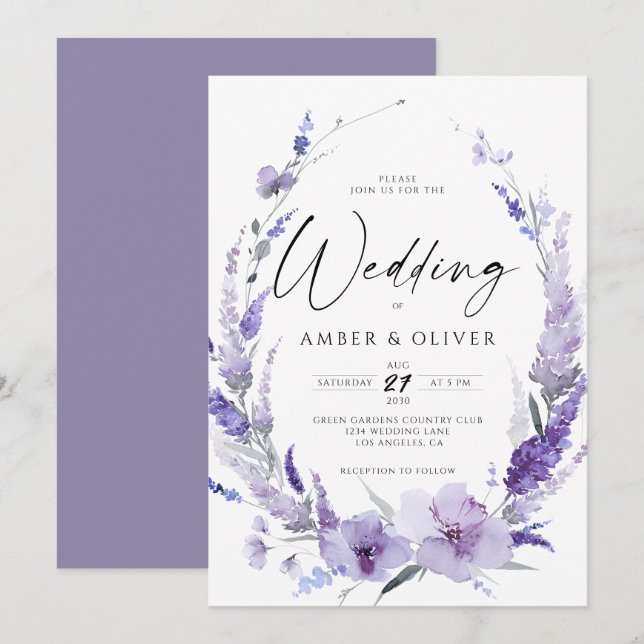 Convites Casamento Moderno Elegante de Lavanda Roxa Dusty (Frente/Verso)