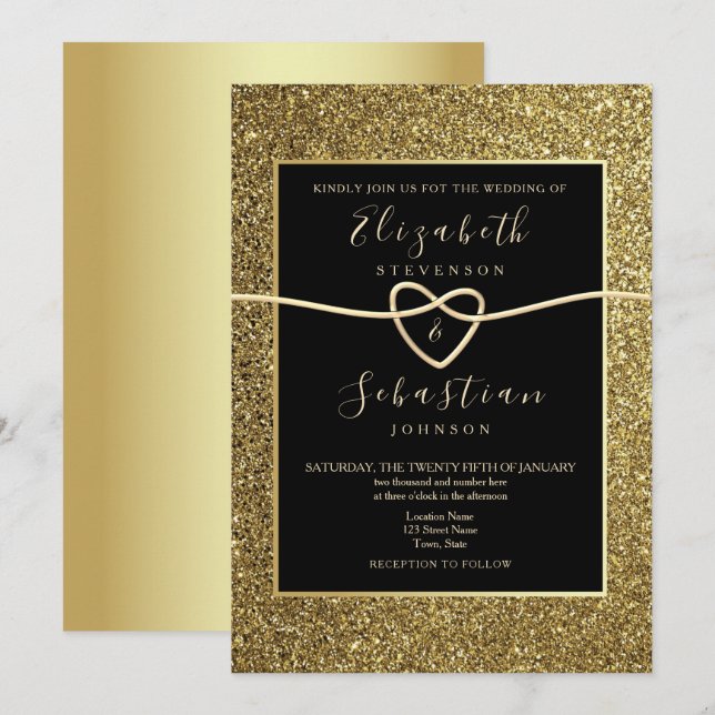 Convites Casamento Moderno Elegante Dourado e Preto (Frente/Verso)