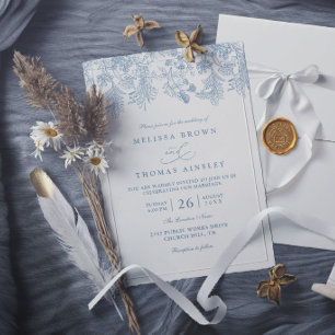 Convites Casamento Moderno Elegante Floral Azul Empoeirado