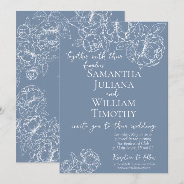 Convites Casamento Moderno Elegante Floral Botânico Periwin (Frente/Verso)