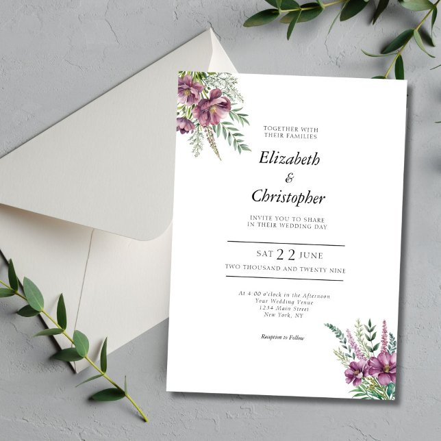 Convites Casamento Moderno Elegante Floral de Molercola d'Á (Purple Floral Watercolor Modern Elegant Wedding Invitation)