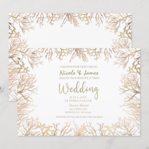 Convites Casamento Moderno Elegante na Praia com Coral Bran