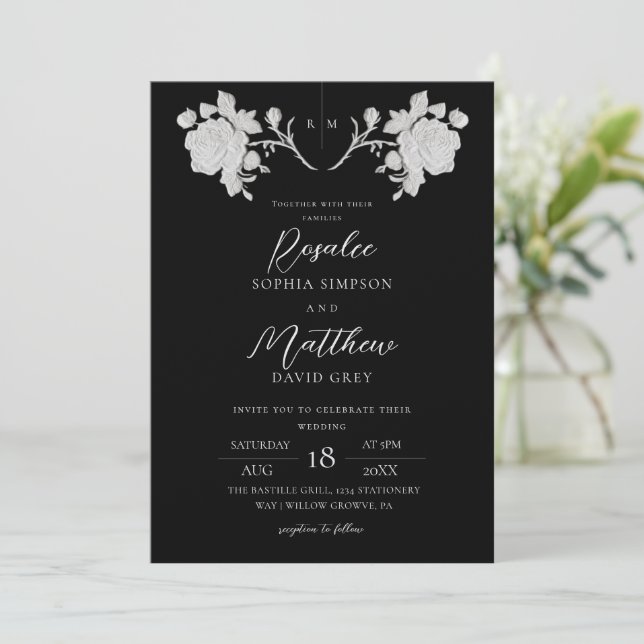 Convites Casamento Moderno Elegante Preto e Branco Rosa (Em pé/Frente)