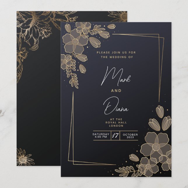 Convites Casamento Moderno Elegante Preto e Dourado (Frente/Verso)