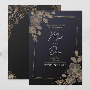 Convites Casamento Moderno Elegante Preto e Dourado