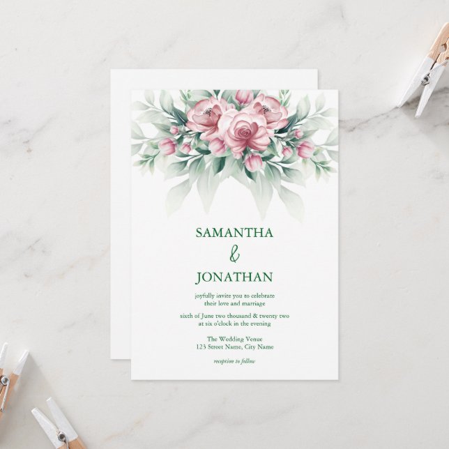 Convites Casamento Moderno Elegante Rosa Verde (Frente/Verso In Situ)