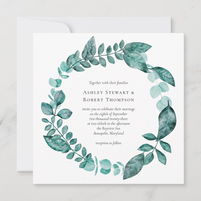 Convites Casamento Moderno Elegante Teal Greenery Watercolo (Frente)