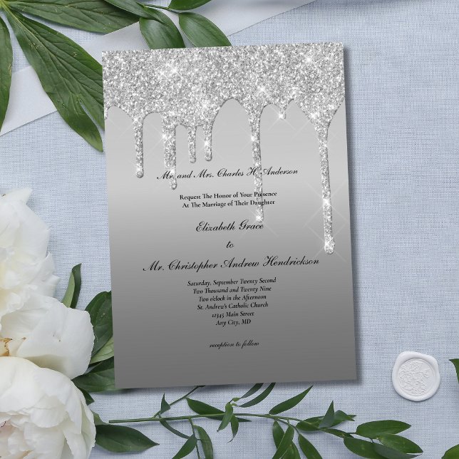 Convites Casamento Moderno Elegante Tendência Drip Brilho P (Silver Dripping Glitter Elegant Modern Glam Bling Wedding Invitation)