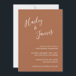 Convites Casamento Moderno Elegante Terracotta<br><div class="desc">Convite moderno de casamento com um design simples com seus nomes em um roteiro elegante manuscrito no canto superior esquerdo e seus detalhes de evento no alinhamento direito no canto inferior direito. Todos os elementos de design estão em branco sobre um fundo de terracota / laranja queimado / ferrugem e...</div>