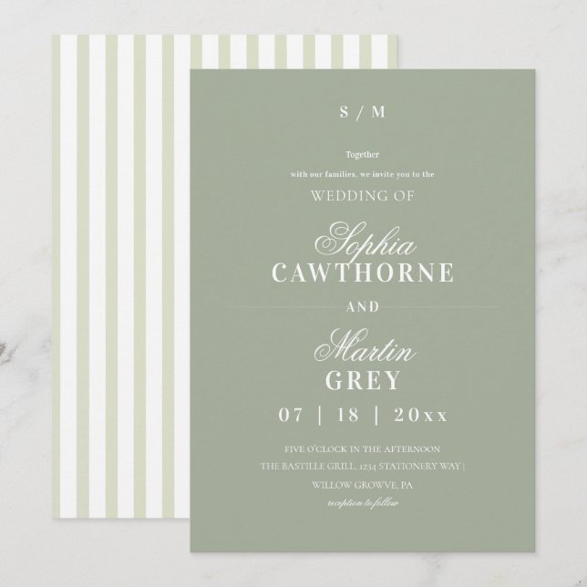 Convites Casamento Moderno Elegante⎮Verde Salvia (Frente/Verso)