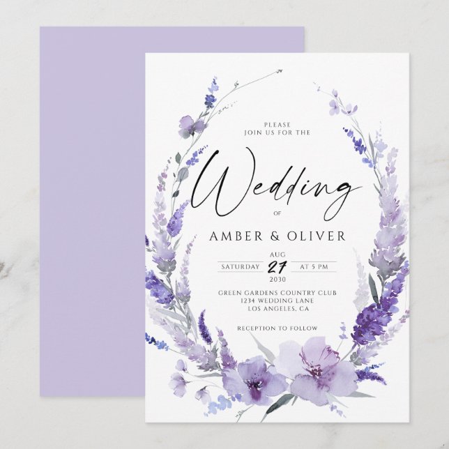 Convites Casamento Moderno Elegante Violet Violet lavanda (Frente/Verso)