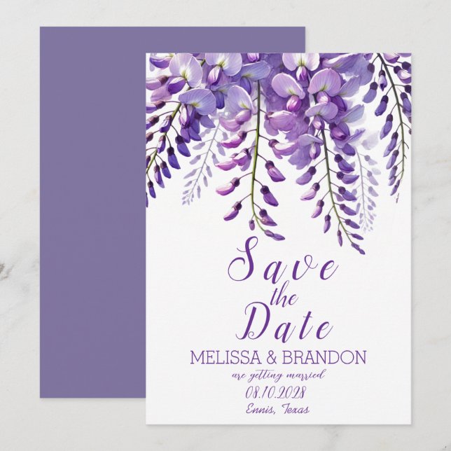 Convites Casamento Moderno Elegante Wisteria Floral Purple (Frente/Verso)