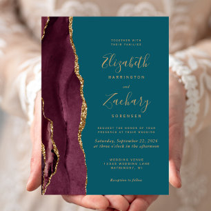 Convites Casamento Moderno em Ágata Dourada Burgundy e Azul