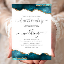 Convites Casamento Moderno em Ágata Teal Dourado