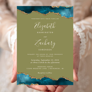 Convites Casamento Moderno em Água-Marinha e Verde Oliva co