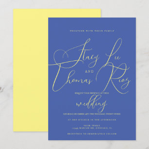 Convites Casamento Moderno em Amarelo e Azul Negrito e Curs