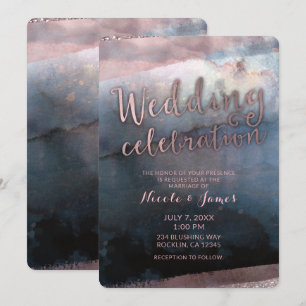 Convites Casamento Moderno em Aquarela Azul e Rosa Dourado 