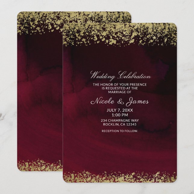 Convites Casamento Moderno em Aquarela com Marrom e Dourado (Frente/Verso)