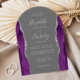 Convites Casamento Moderno em Arco Cinza Ágata Prata Roxo