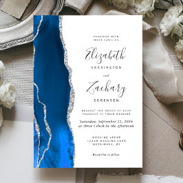 Convites Casamento Moderno em Azul Real com Ágata Prateada