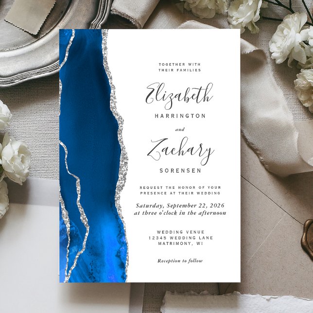 Convites Casamento Moderno em Azul Real com Ágata Prateada (Criador carregado)
