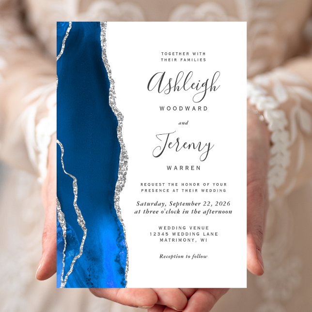 Convites Casamento Moderno em Azul Real com Ágata Prateada (Criador carregado)