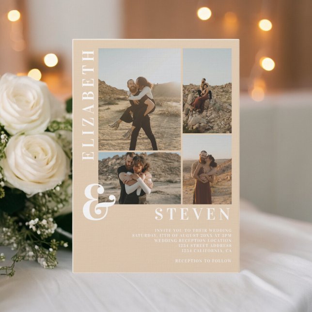 Convites Casamento moderno em bege com e comercial em grade (Modern beige ampersand 5 photo grid wedding invitation)