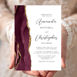 Convites Casamento Moderno em Burgundy Dourado Ágata Script