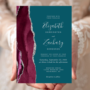 Convites Casamento Moderno em Burgundy Prata Ágata Azul Tur
