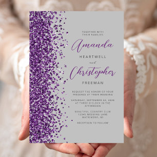 Convites Casamento Moderno em Cinza com Brilho Roxo em Letr