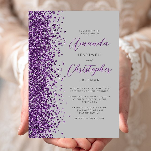 Convites Casamento Moderno em Cinza com Brilho Roxo em Letr (Criador carregado)