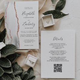 Convites Casamento Moderno em Cinza e Rosa Dourado com Códi
