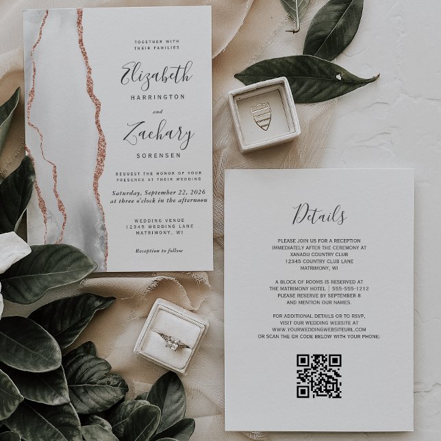 Convites Casamento Moderno em Cinza e Rosa Dourado com Códi (Criador carregado)