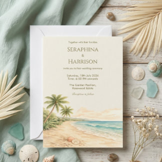 Convites Casamento Moderno em Destino de Praia com Aquarela