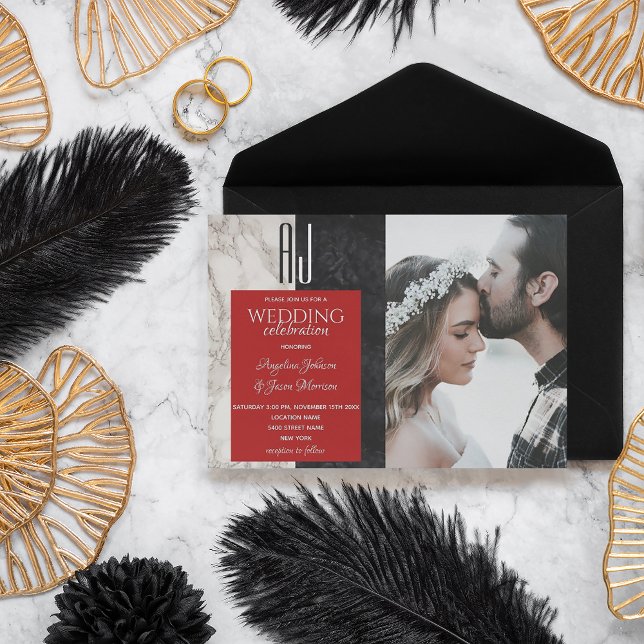 Convites Casamento Moderno em Foto Preto Branco Vermelho (Criador carregado)
