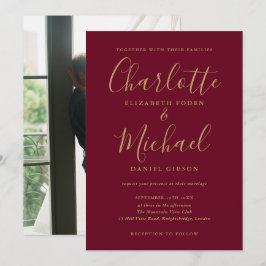 Convites Casamento Moderno em Grafia Burgundy e Ouro Foto