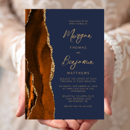 Convites Casamento Moderno em Laranja Queimada e Azul Marin
