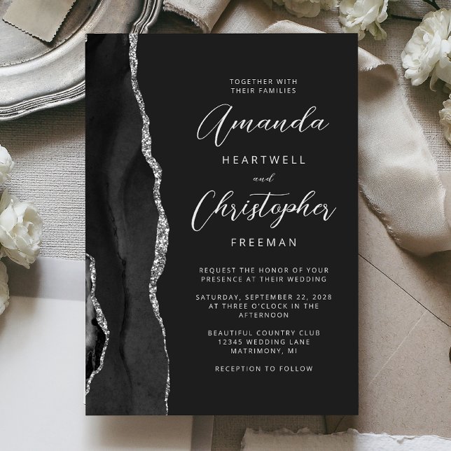 Convites Casamento Moderno em Letra de Forma Black Silver A (Criador carregado)