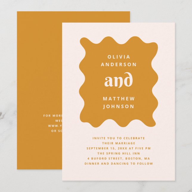Convites Casamento Moderno em Ocre Dourado | Ondulado Mosta (Frente/Verso)