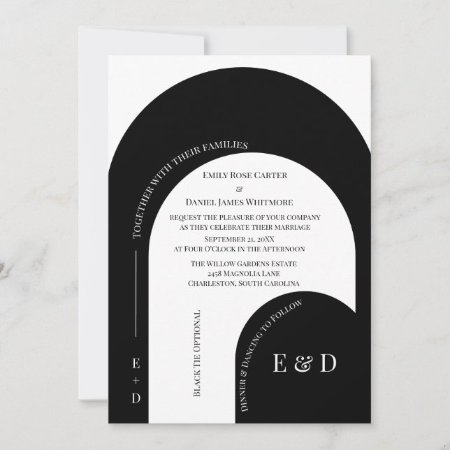 Convites Casamento Moderno em Preto e Branco com Arcos (Frente)