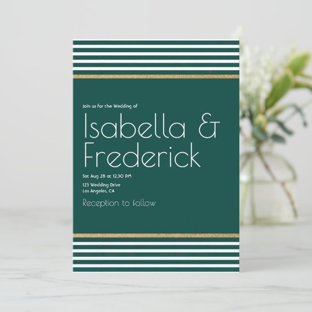 Convites Casamento Moderno em Verde Esmeralda, Branco e Dou (Em pé/Frente)