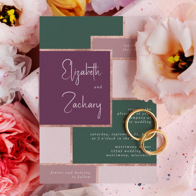 Convites Casamento Moderno em Verde Esmeralda e Dourado Ros (A unique choice for a modern wedding with an emerald green, purple, blush and rose gold palette.)