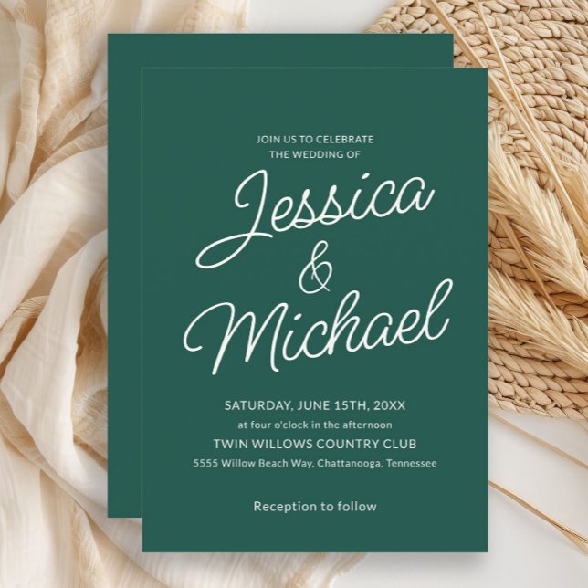 Convites Casamento Moderno em Verde Esmeralda e Letra Cursi (Emerald green wedding invitation)