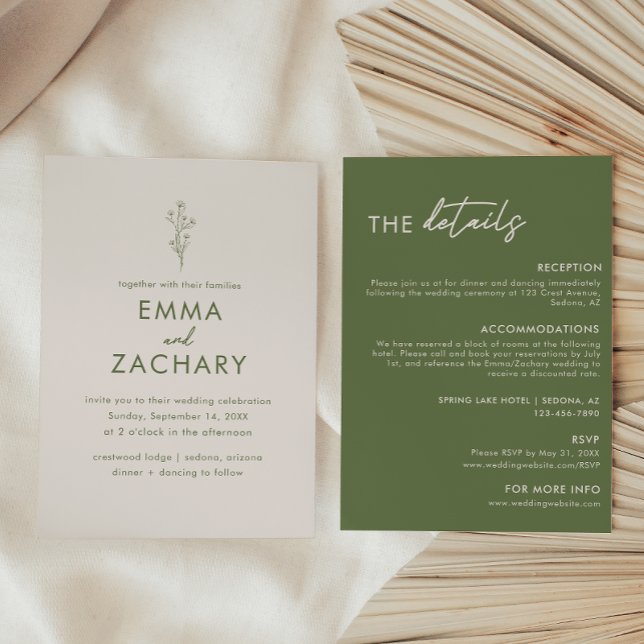 Convites Casamento Moderno em Verde Oliva Tudo-em-Um (Criador carregado)