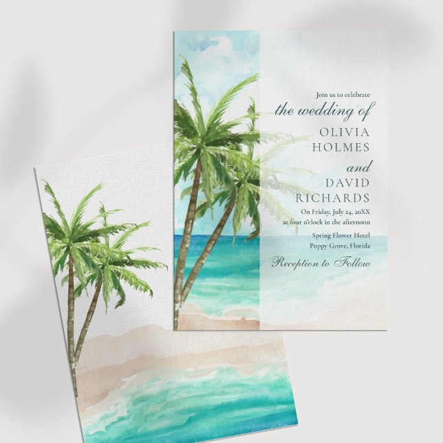 Convites Casamento moderno entre Praia Tropical e Palmeiras (Modern Tropical Beach and Palm Trees Wedding Invitation on a white table.)