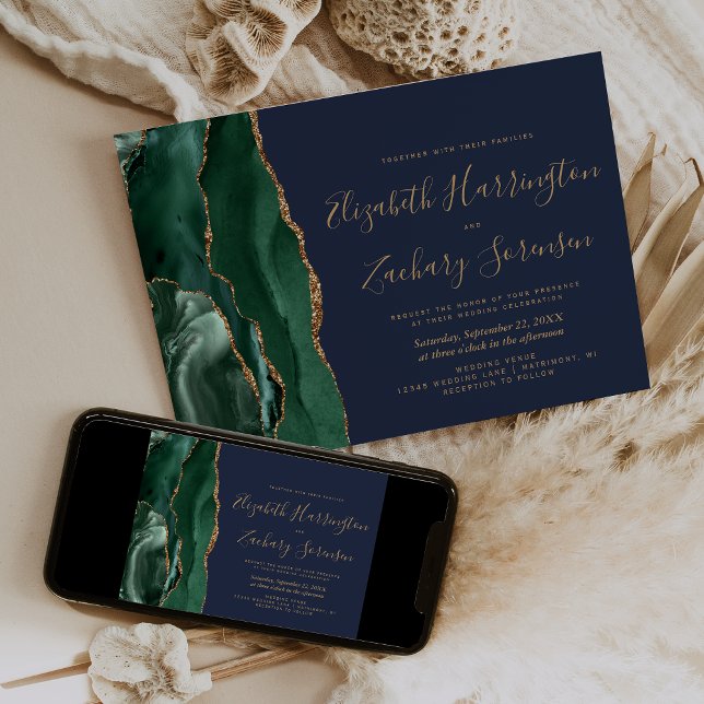 Convites Casamento Moderno Esmeralda Verde Ouro Ágata Azul  (Criador carregado)